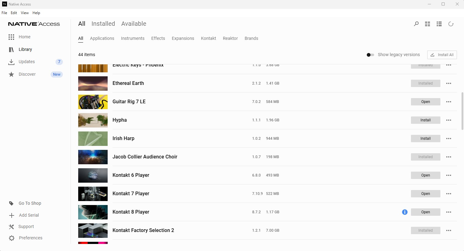 Screengrab of some of the instrument I use, taken via Native Access